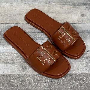 TORY BURCH Double T Sport Slide Sandal - Bourbon Miele / Gold - Sz - 7.5 .US